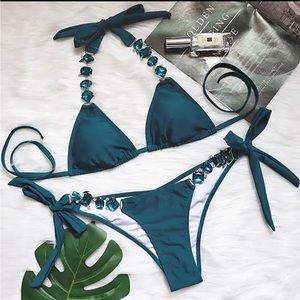 Teal Gem-Embellished Bikini Set
